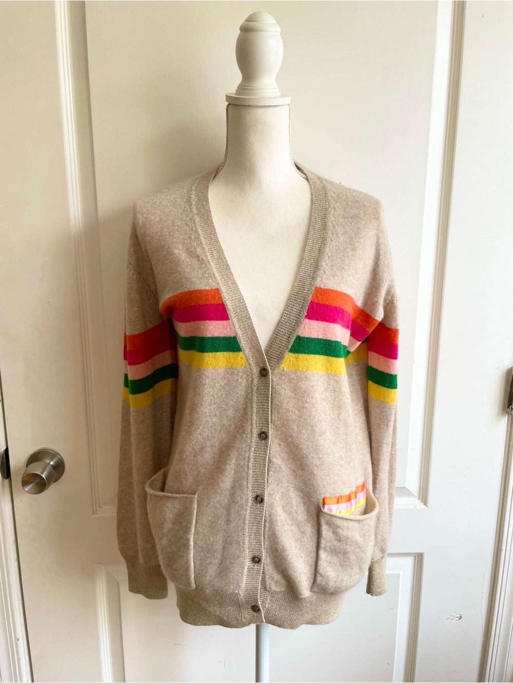 Le Superbe Cashmere Wool Double Rainbow Boyfriend Cardigan Size S Over sized Fit